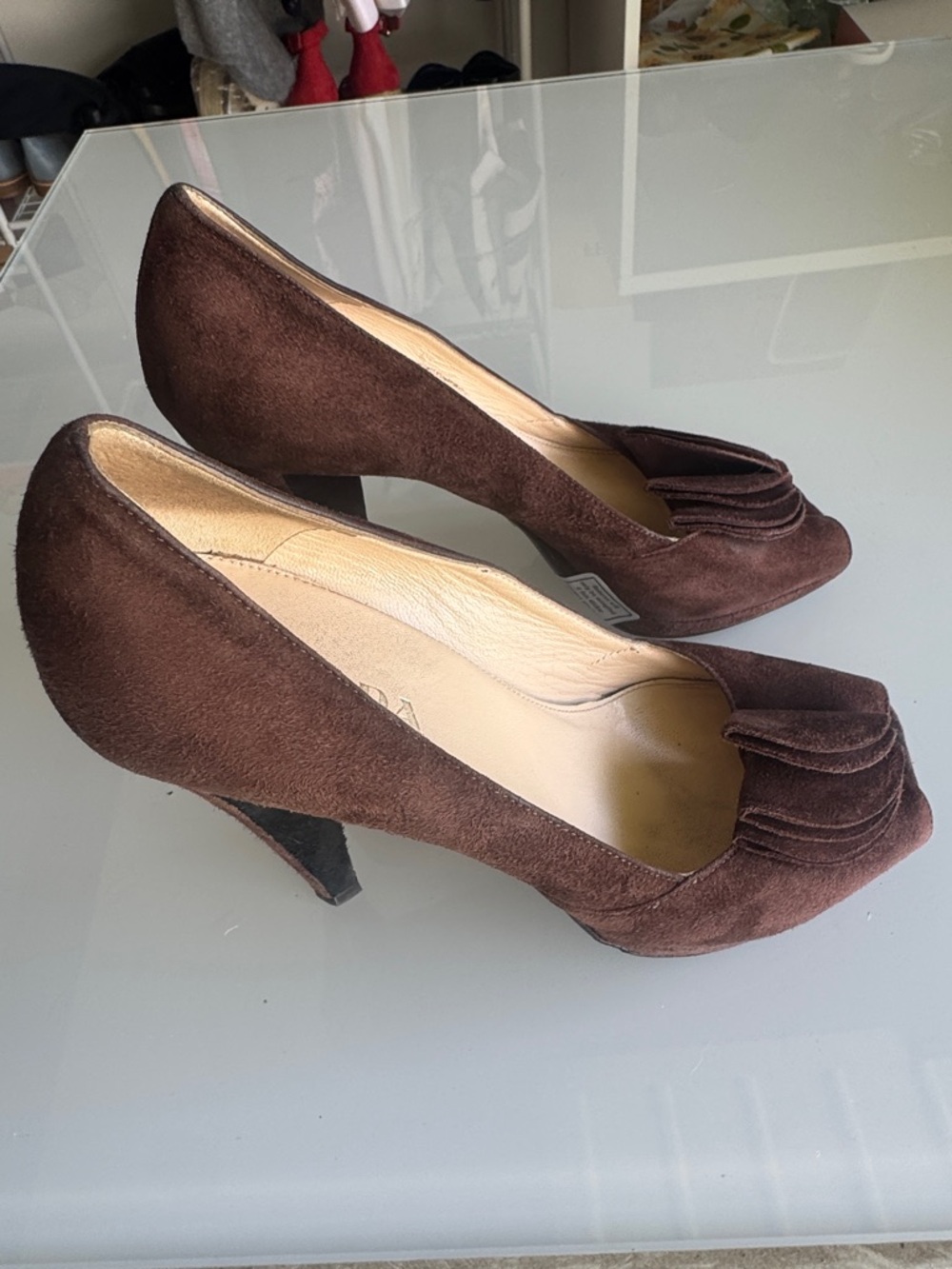 Vintage Prada Dark Brown Suede Peep-Toe Pumps with Floral Detail - Picture 2 of 7